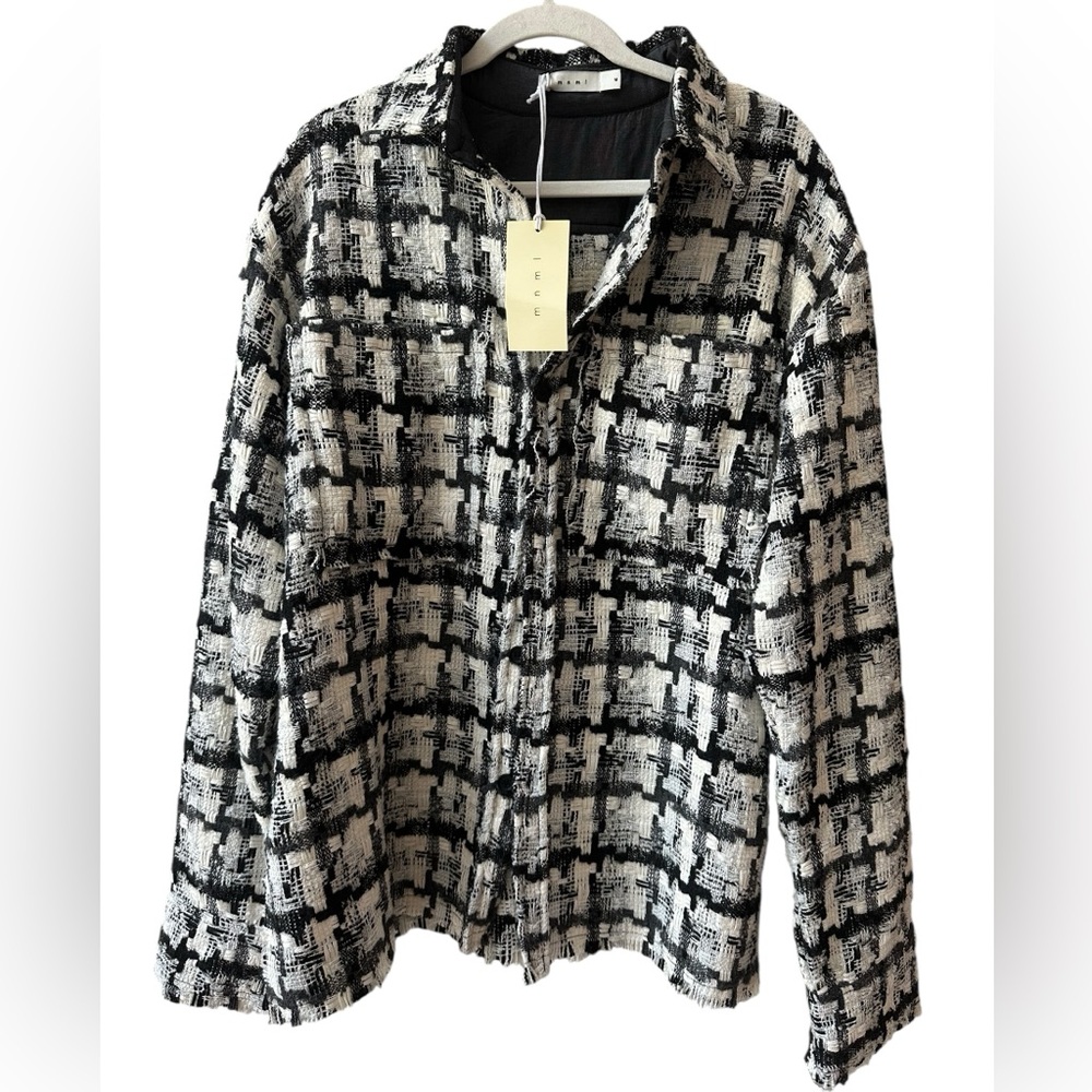 mnml Black White Tweed Jacket Sz M NWT Raw Edge Fringe Fall EUC